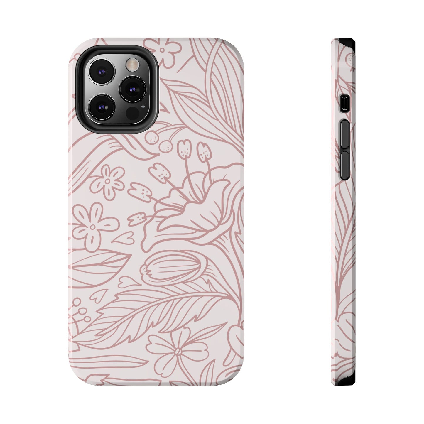 Blush Floral Line Art Tough iPhone Case – Delicate Minimalist Design with Dual-Layer Protection