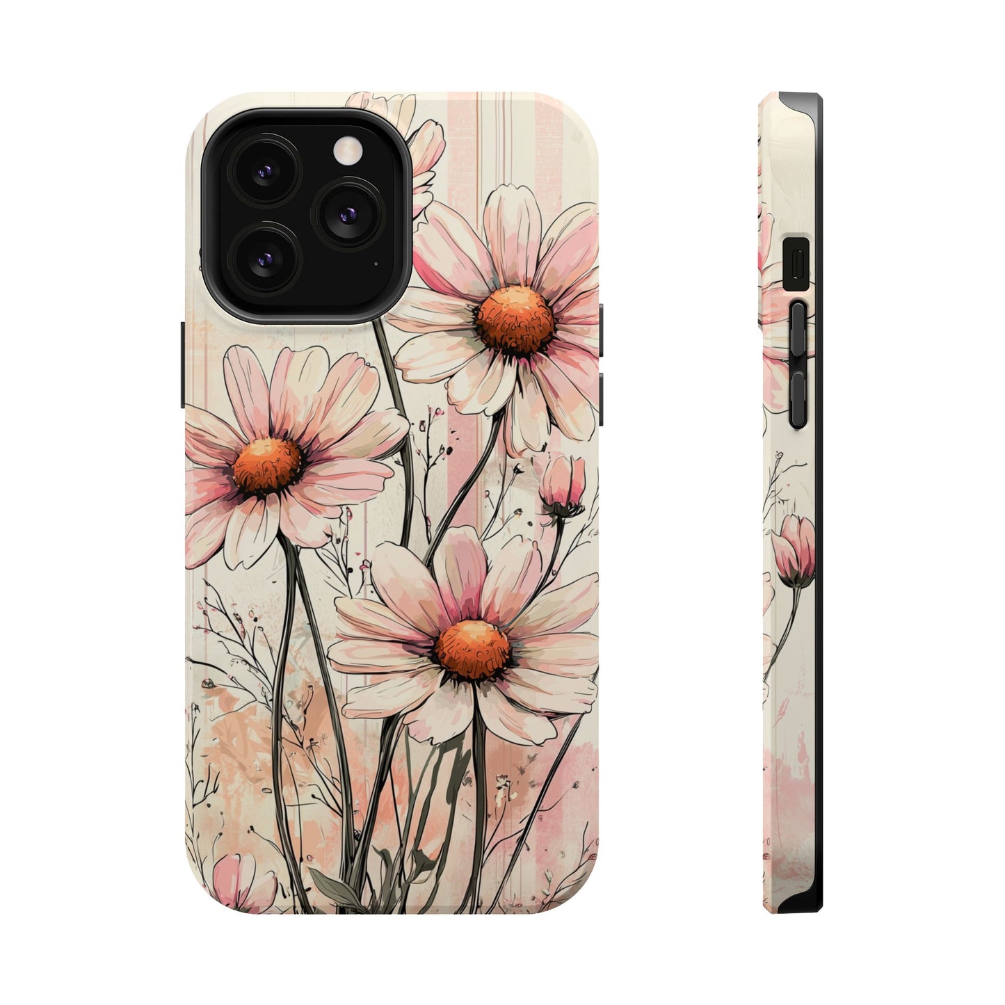 Pastel Pink Daisy MagSafe iPhone Case - Elegant Floral Plaid Protective Cover