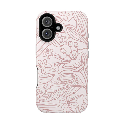 Blush Floral Line Art Tough MagSafe iPhone Case – Delicate Minimalist Design with Dual-Layer Protection