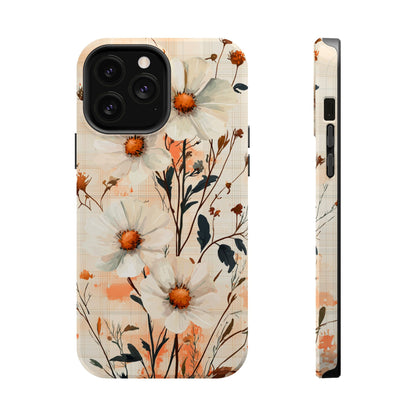 Pastel Orange Floral MagSafe iPhone Case - Elegant Plaid Protective Cover