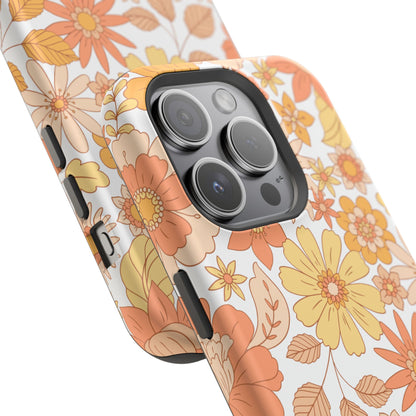 Vintage Floral Bloom MagSafe iPhone Case – Warm Orange & Yellow Retro Flower Design with Matte Finish