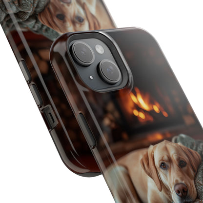 Cozy Labrador by Fireplace MagSafe iPhone Case – Rustic Cabin Protective Cover