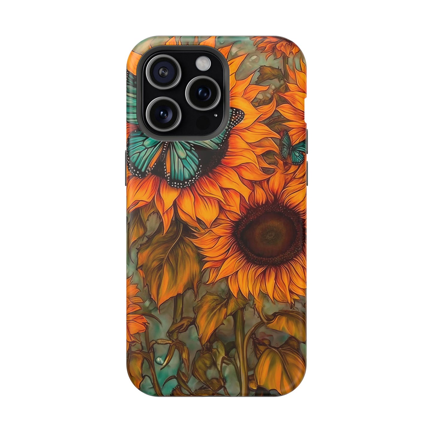 Vintage Blue Butterfly & Sunflower Art – MagSafe iPhone Case