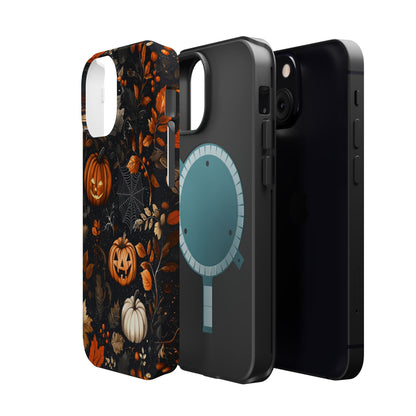 Elegant Halloween MagSafe iPhone Case – Pumpkin Jack-o'-Lanterns, Cobwebs & Autumn Foliage Design