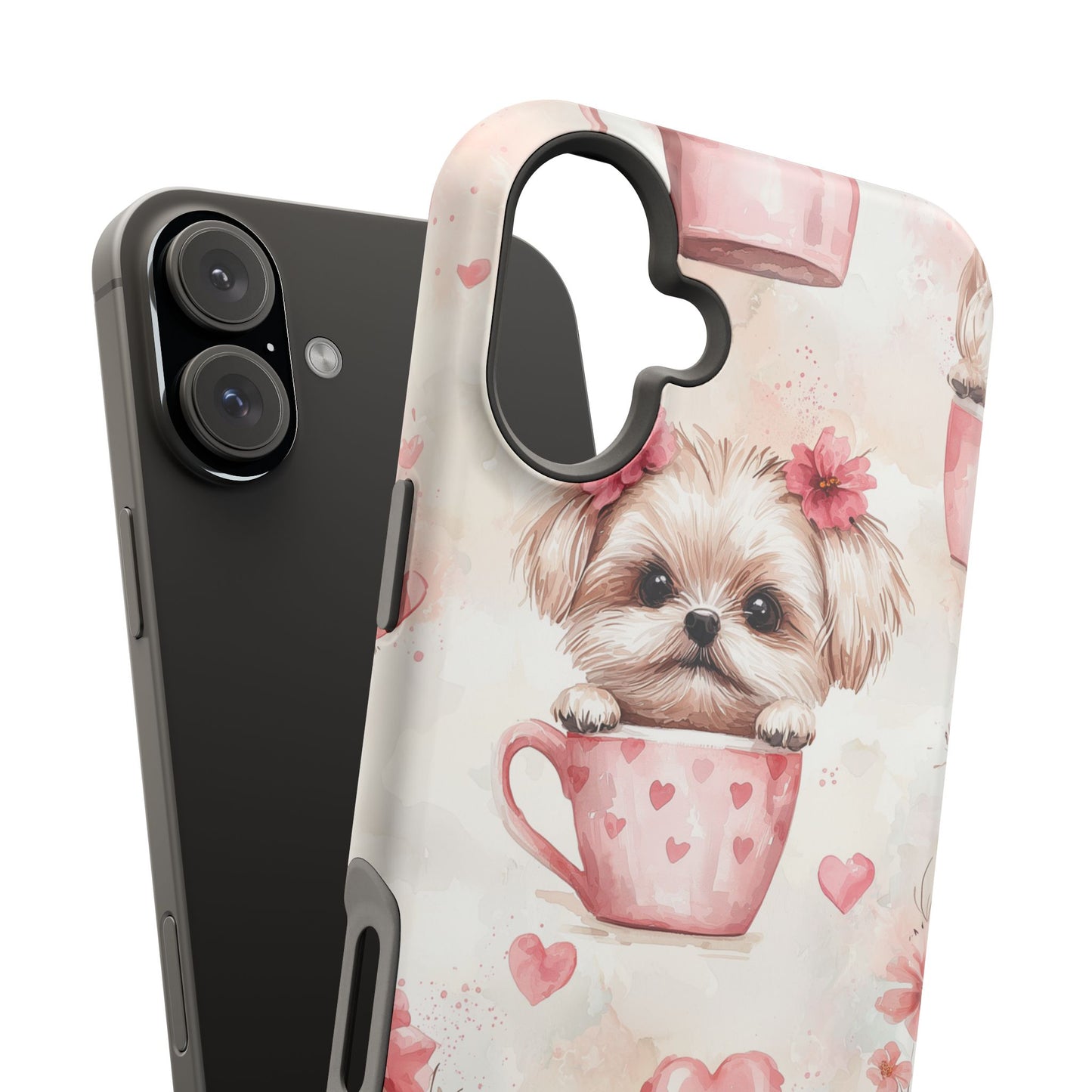 Floral Puppy in Teacup MagSafe iPhone Case – Cute Pink Flower Design, Tough Dual-Layer Protection