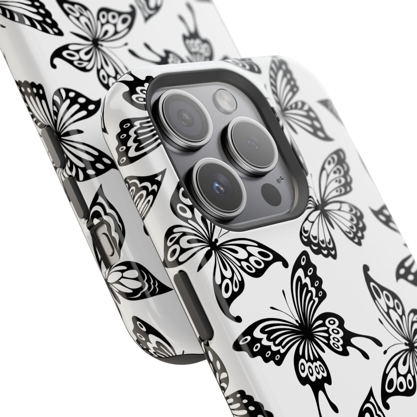 Monochrome Butterfly Pattern Tough MagSafe Case – Dual-Layer Protection with Matte Finish