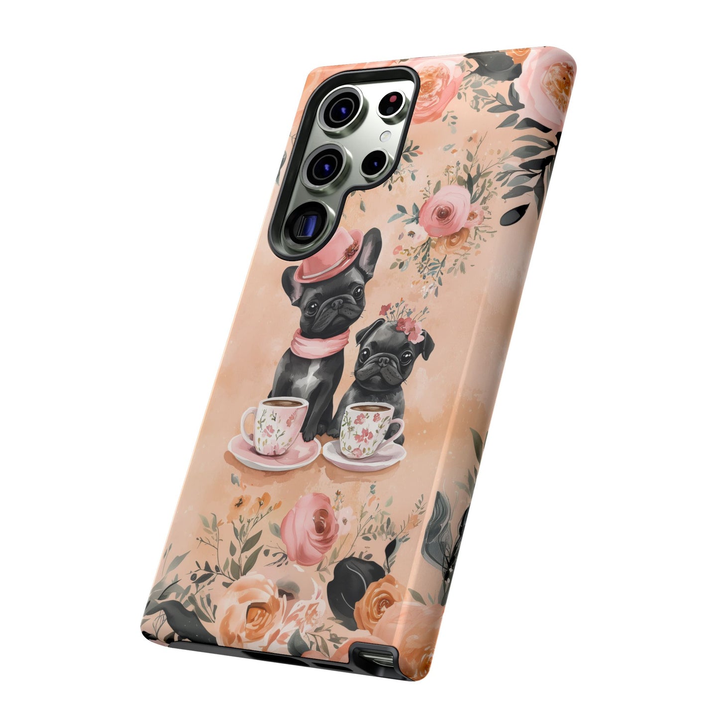 Floral French Bulldogs Samsung Galaxy Case – Elegant Dog Design with Tea Cups & Roses, Shockproof Protection