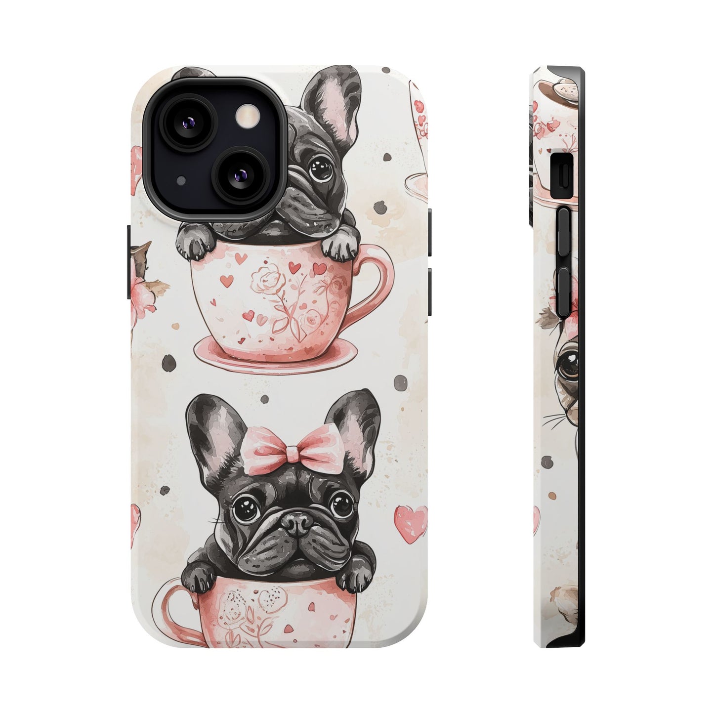 French Bulldogs in Teacups MagSafe iPhone Case – Cute Dog Design with Hearts & Bows, Shockproof & Slim