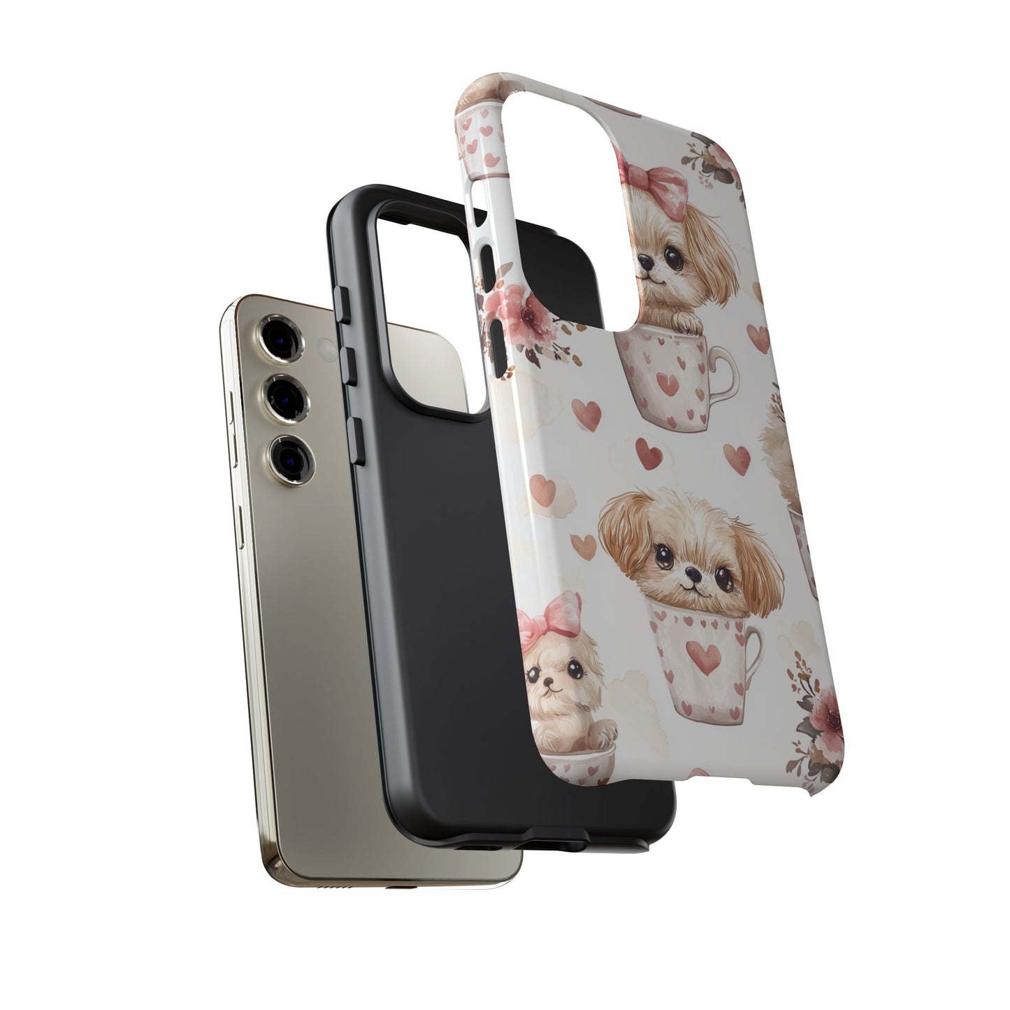 Cute Puppies in Heart Mugs Samsung Galaxy Case – Adorable Dog & Floral Design, Shockproof & Slim - BOGO Cases