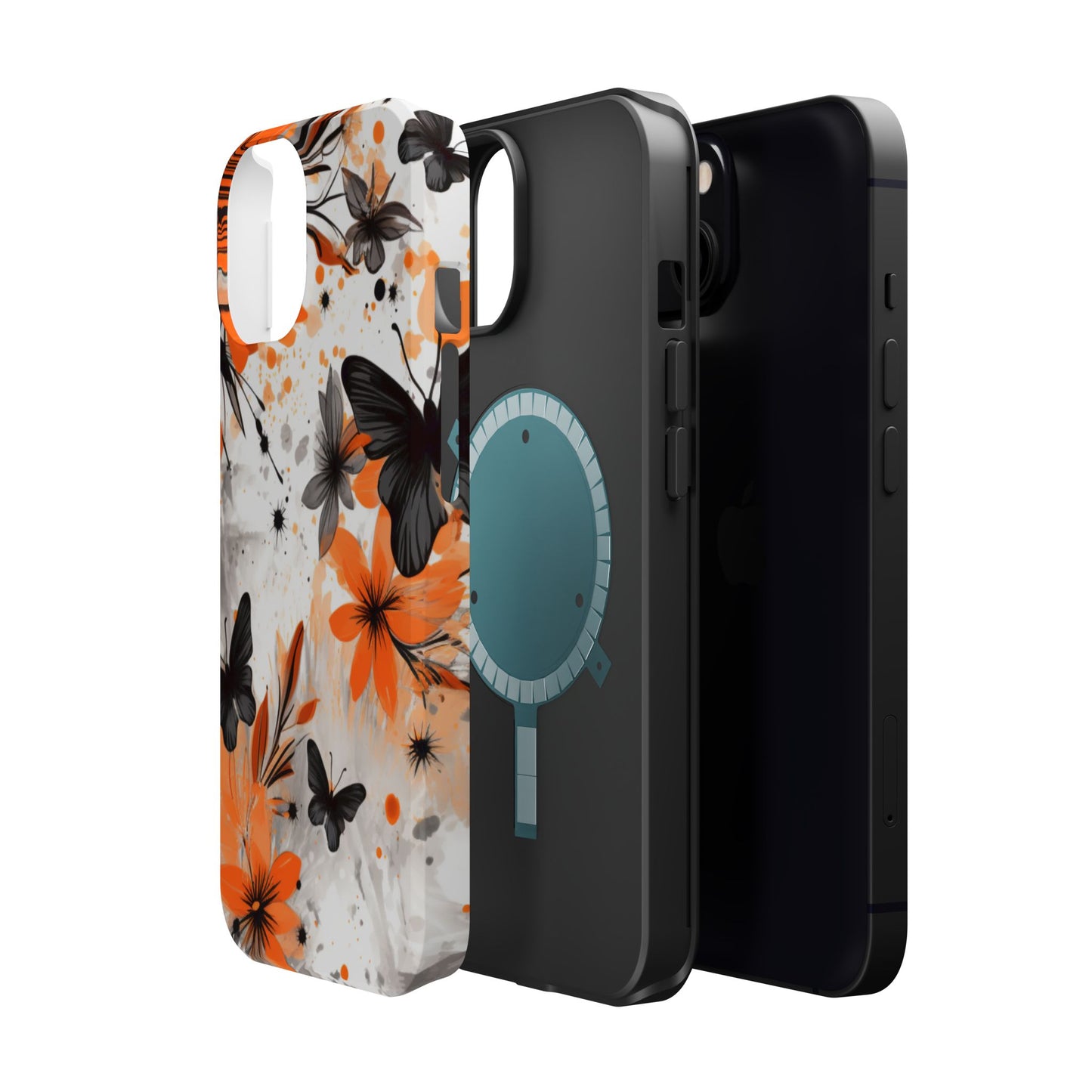 Orange Blossom & Black Butterfly MagSafe iPhone Case – Bold Floral Pattern with Modern Abstract Style