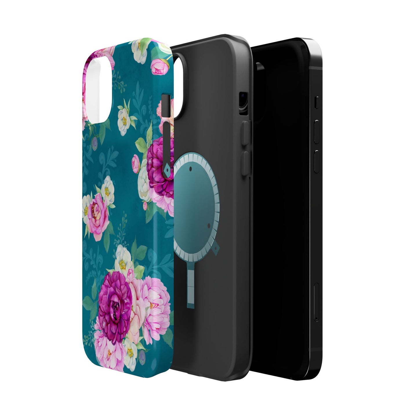 Elegant Peony Bouquet MagSafe iPhone Case – Deep Teal Background with Romantic Floral Design