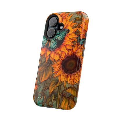 Vintage Blue Butterfly & Sunflower Art – MagSafe iPhone Case