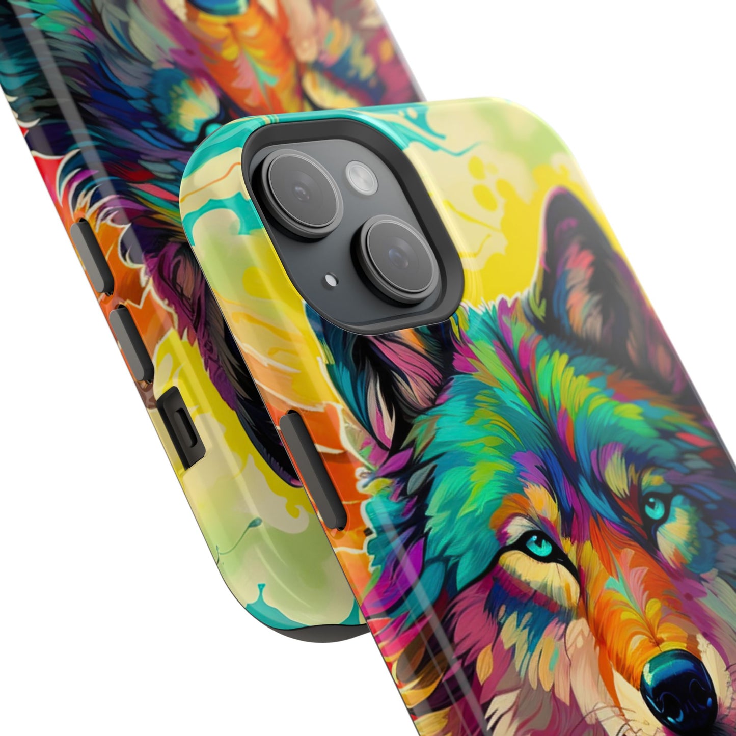 Rainbow Wolf in Bloom – MagSafe iPhone Case with Nature-Inspired Design