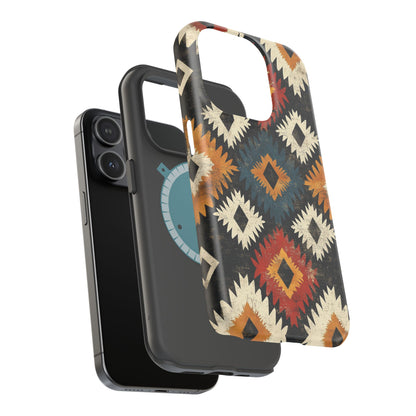 Rustic Tribal Sunburst Tough MagSafe iPhone Case – Vibrant Geometric Design, Dual-Layer Protection