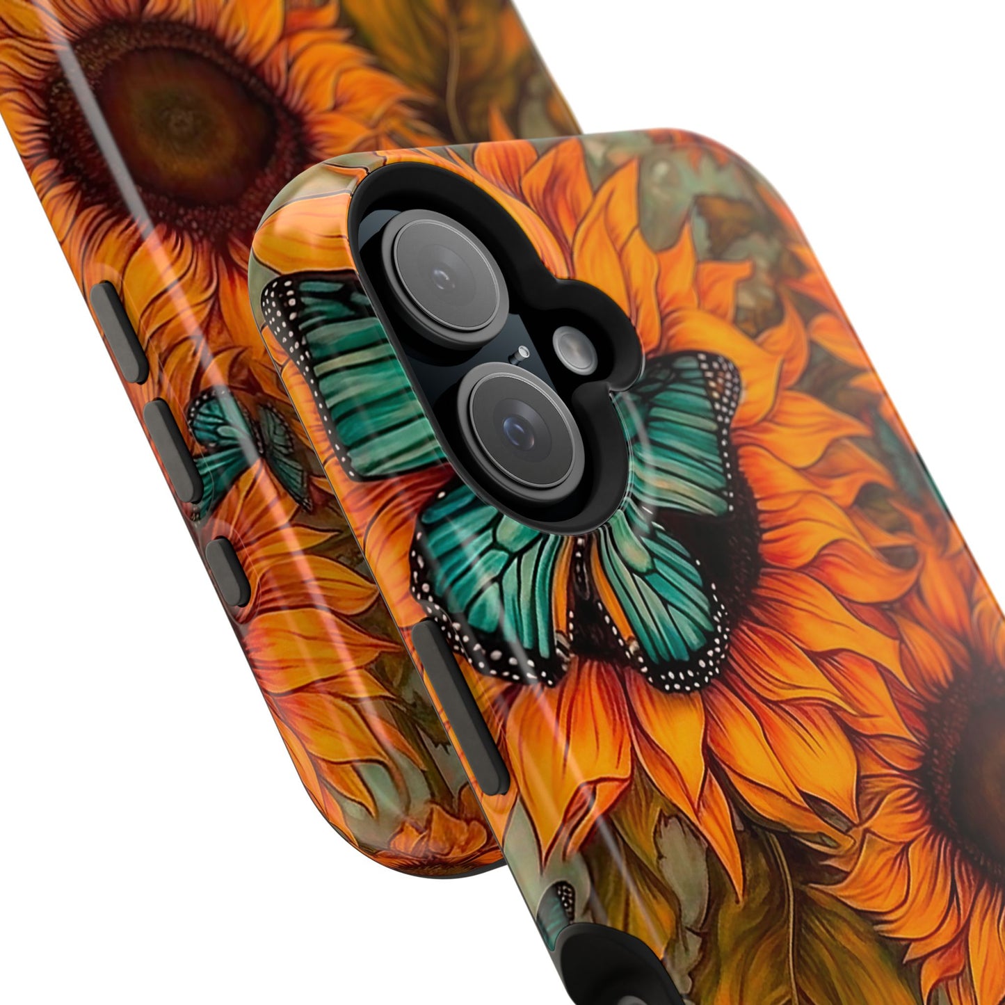 Vintage Blue Butterfly & Sunflower Art – MagSafe iPhone Case