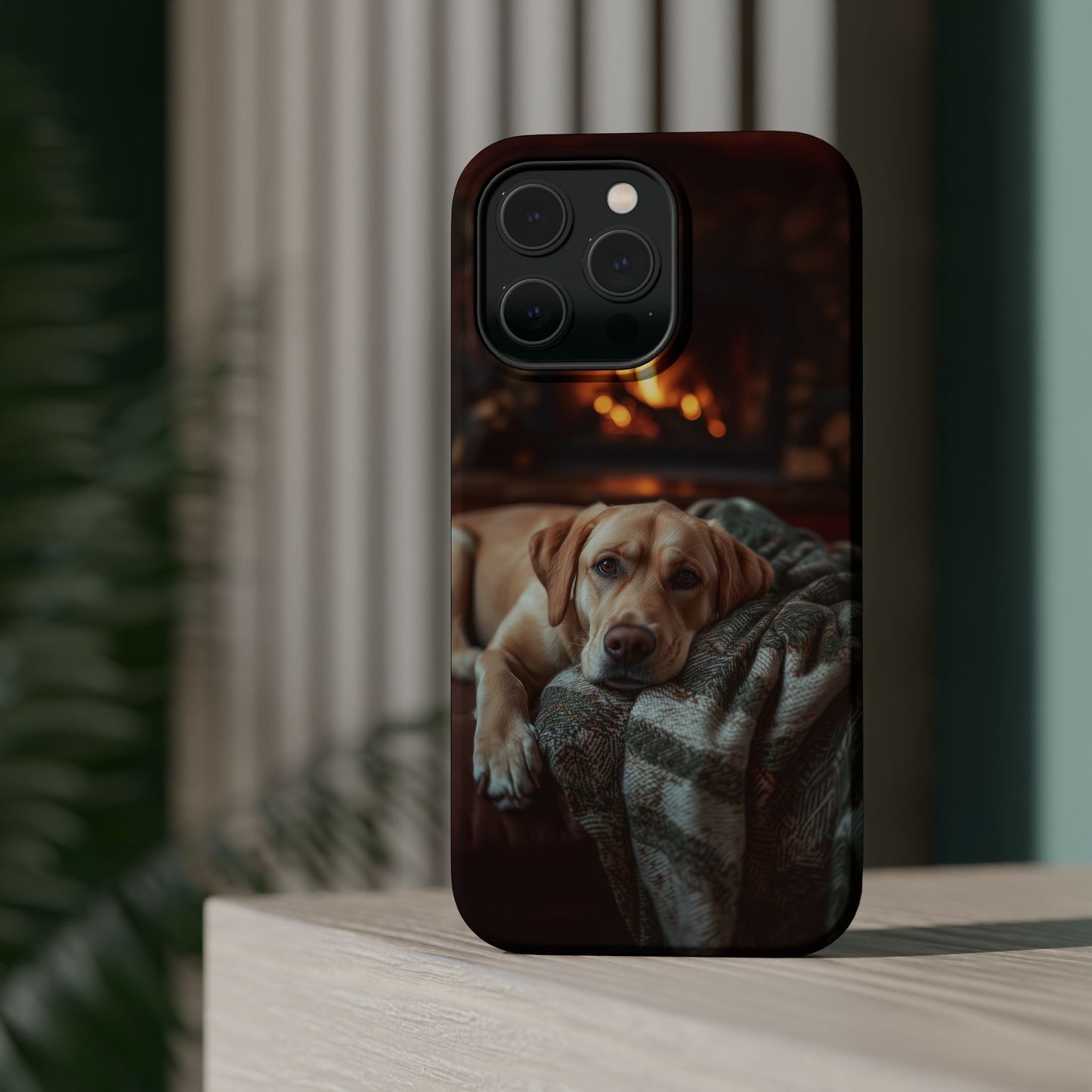 Cozy Labrador by Fireplace MagSafe iPhone Case – Rustic Cabin Protective Cover