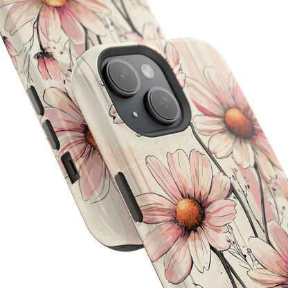 Pastel Pink Daisy MagSafe iPhone Case - Elegant Floral Plaid Protective Cover