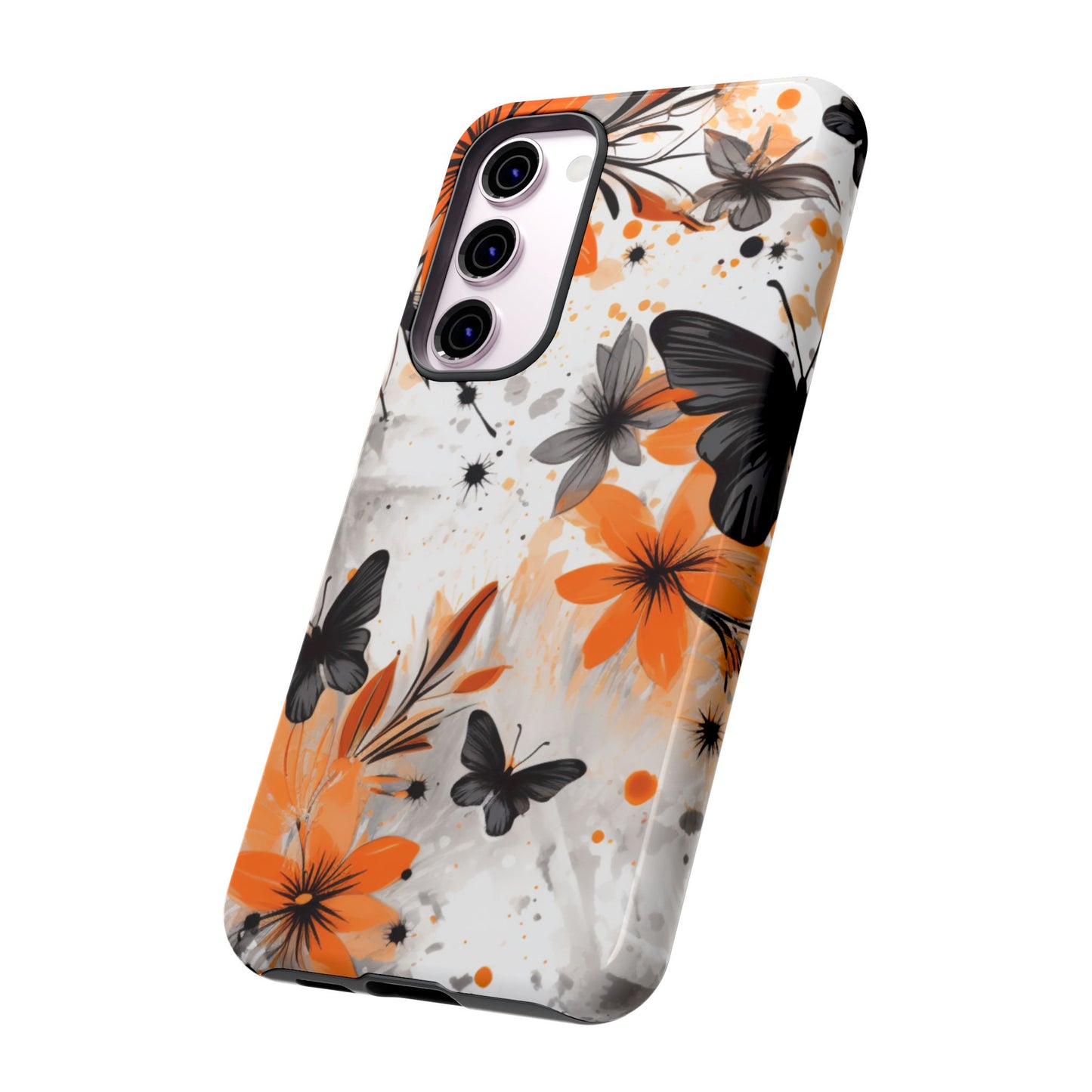 Orange Blossom & Black Butterfly Samsung Galaxy Case – Bold Floral Pattern with Modern Abstract Style