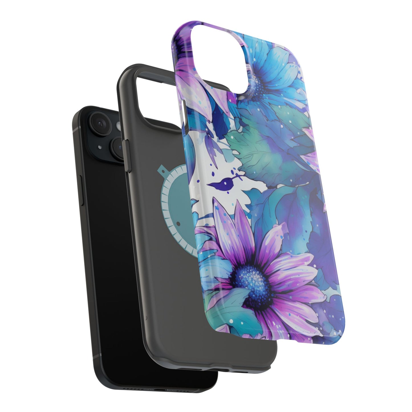 Purple & Teal Watercolor Floral MagSafe iPhone Case - Artistic Flower Design