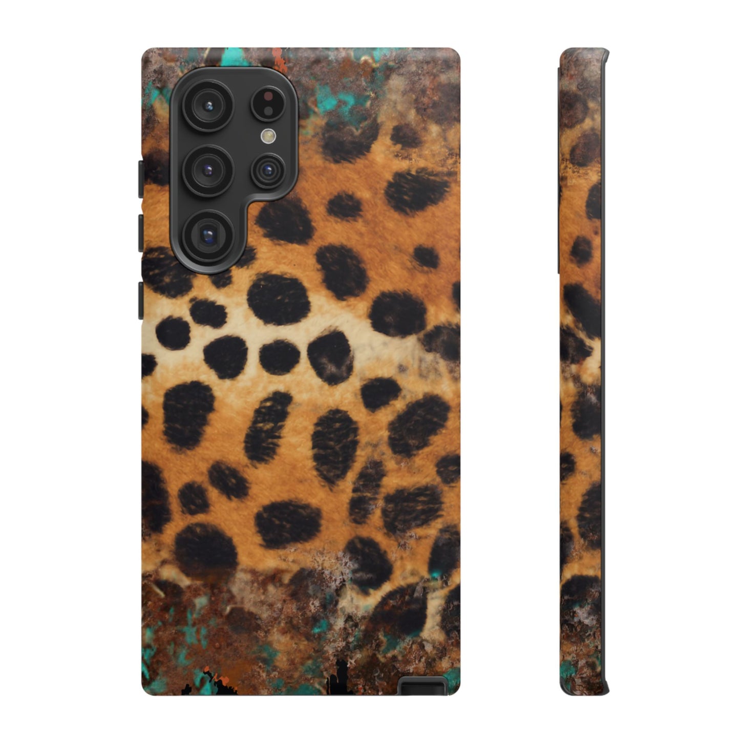 Rustic Leopard Print Tough Samsung Galaxy Case – Distressed Turquoise and Animal Pattern with Dual-Layer Protection