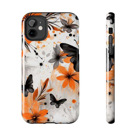 Orange Blossom & Black Butterfly iPhone Case – Bold Floral Pattern with Modern Abstract Style