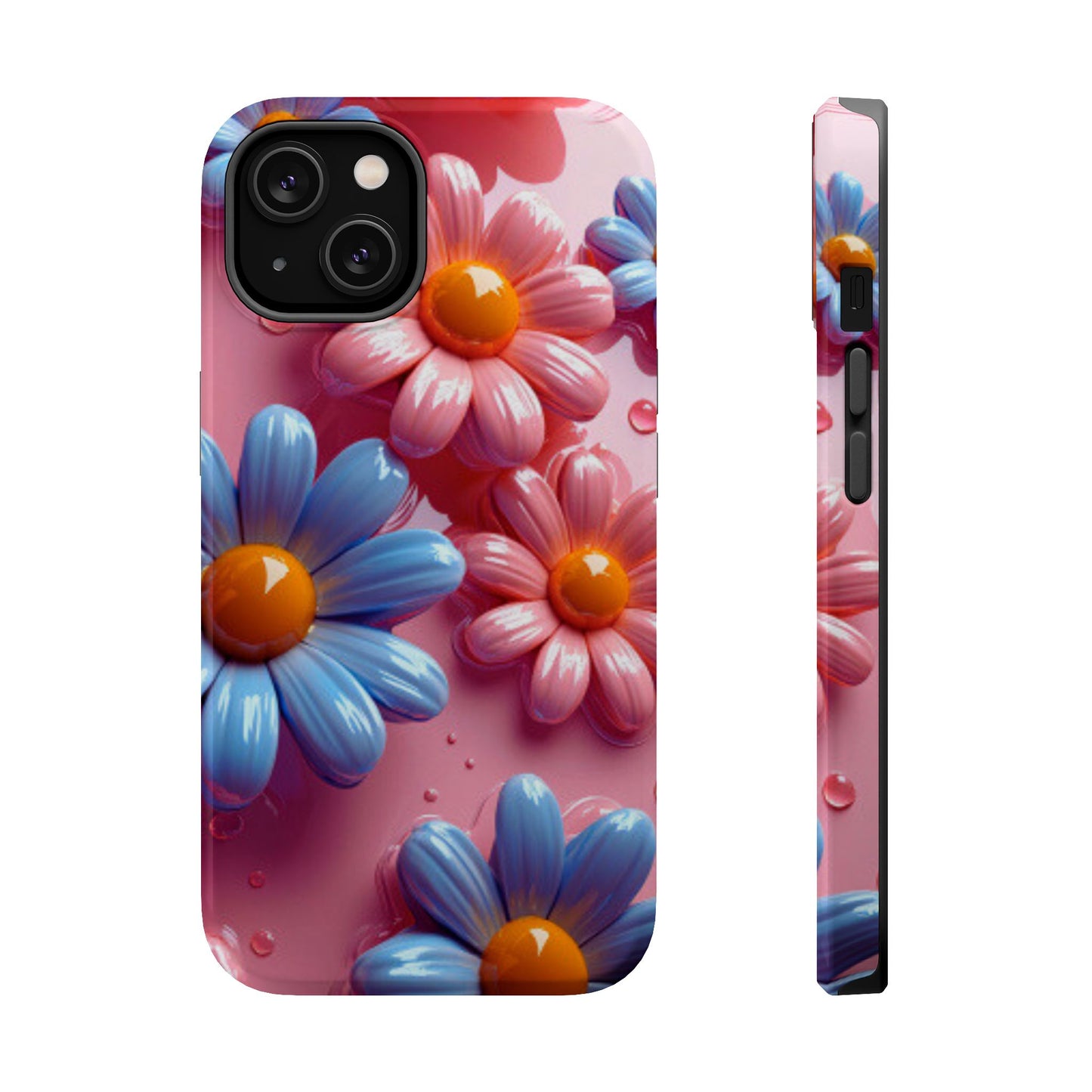 Pastel Daisy 3D MagSafe iPhone Case – Glossy Pink and Blue Floral Design, Full Protection