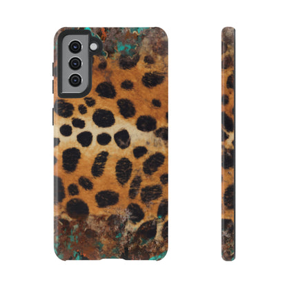 Rustic Leopard Print Tough Samsung Galaxy Case – Distressed Turquoise and Animal Pattern with Dual-Layer Protection