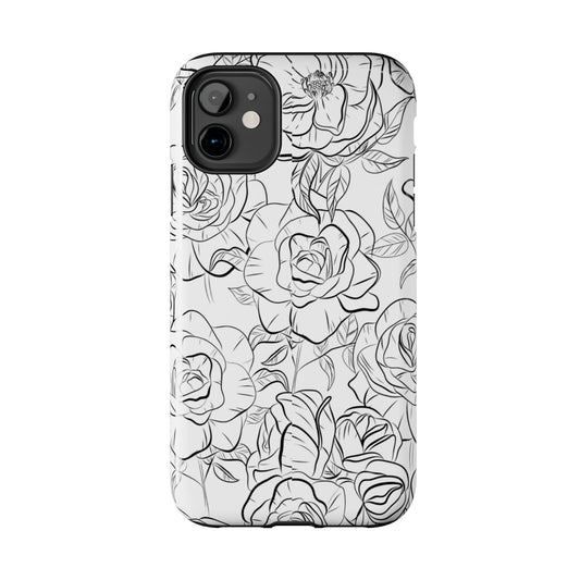 Monochrome Rose Garden Tough iPhone Case – Elegant Floral Line Art with Dual-Layer Protection