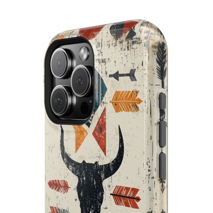 Tribal Bull Skull & Arrows Tough MagSafe iPhone Case – Rustic Western Design, Dual-Layer Protection