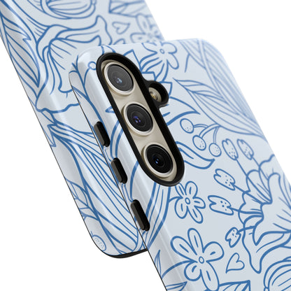 Dusty Blue Floral Line Art Tough Samsung Galaxy Case – Minimalist Botanical Design with Dual-Layer Protection