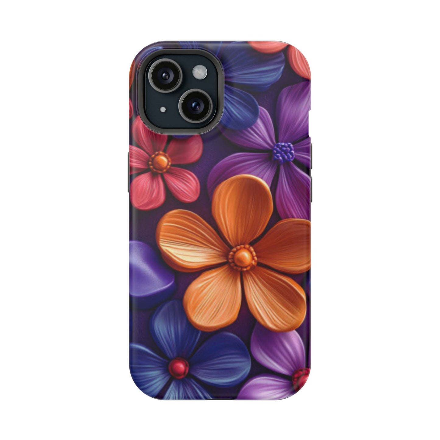 Bold Floral 3D MagSafe iPhone Case – Vivid Purple and Orange Flower Design, Shock-Resistant