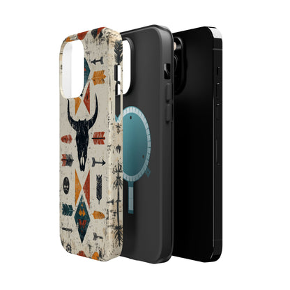 Tribal Bull Skull & Arrows Tough MagSafe iPhone Case – Rustic Western Design, Dual-Layer Protection