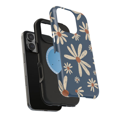 Vintage Daisies MagSafe iPhone Case – Navy Blue Floral Design, Scratch-Resistant with Shock-Absorbing Bumper