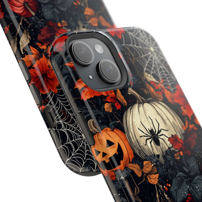 Hauntingly Elegant Halloween MagSafe iPhone Case – Pumpkins, Spiders, and Autumn Leaves Design