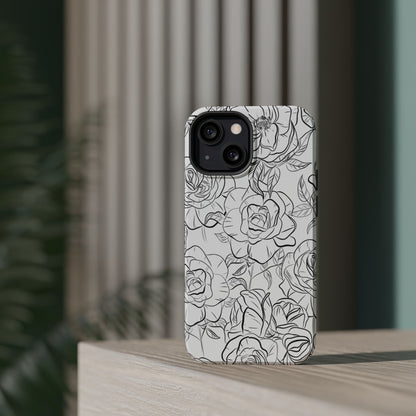 Monochrome Rose Garden Tough MagSafe iPhone Case – Elegant Floral Line Art with Dual-Layer Protection