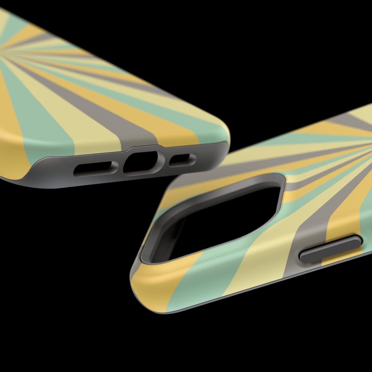 Vintage Sunburst Rays MagSafe iPhone Case – Bold 70s-Inspired Burst in Yellow, Mint, and Gray