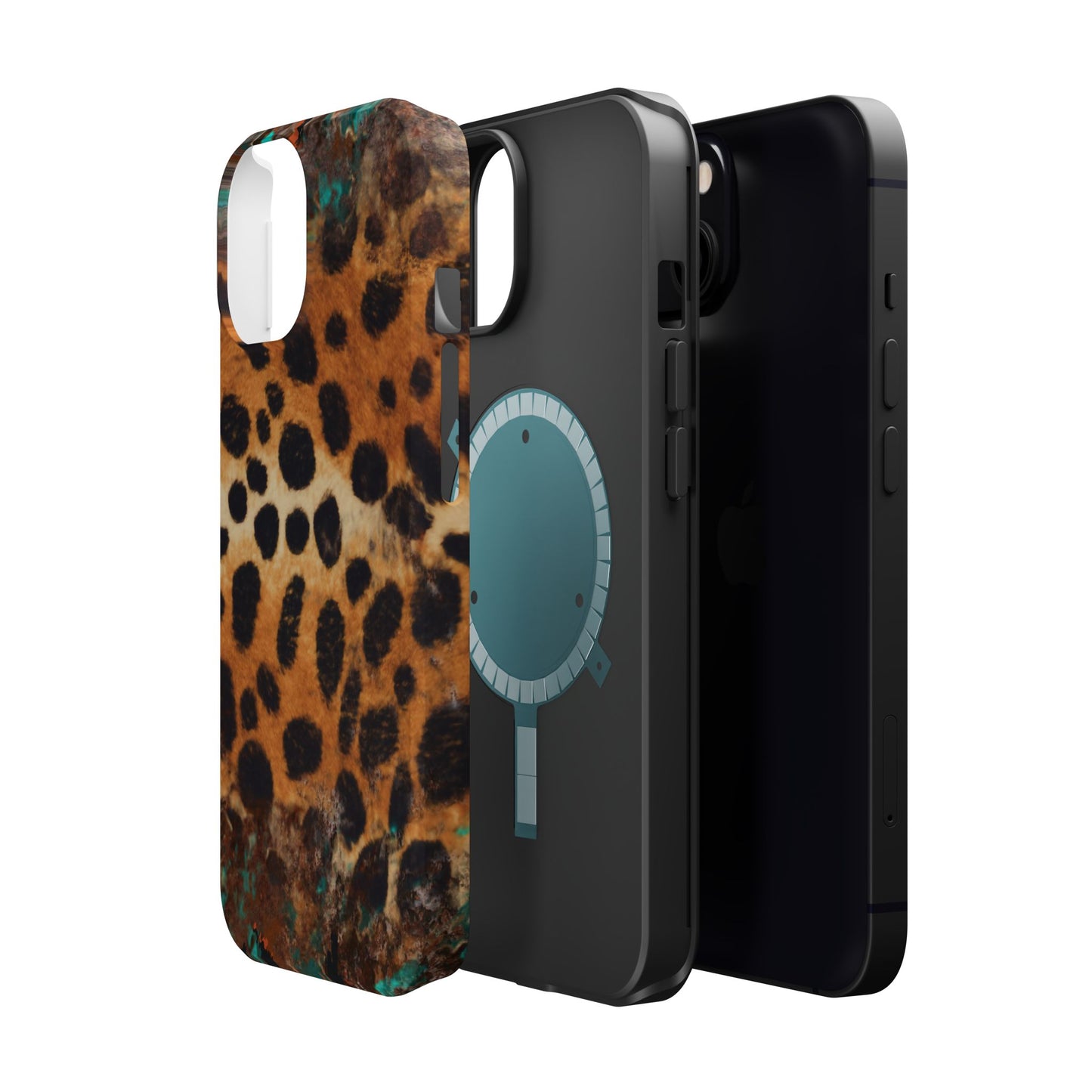 Rustic Leopard Print Tough MagSafe iPhone Case – Distressed Turquoise and Animal Pattern with Dual-Layer Protection