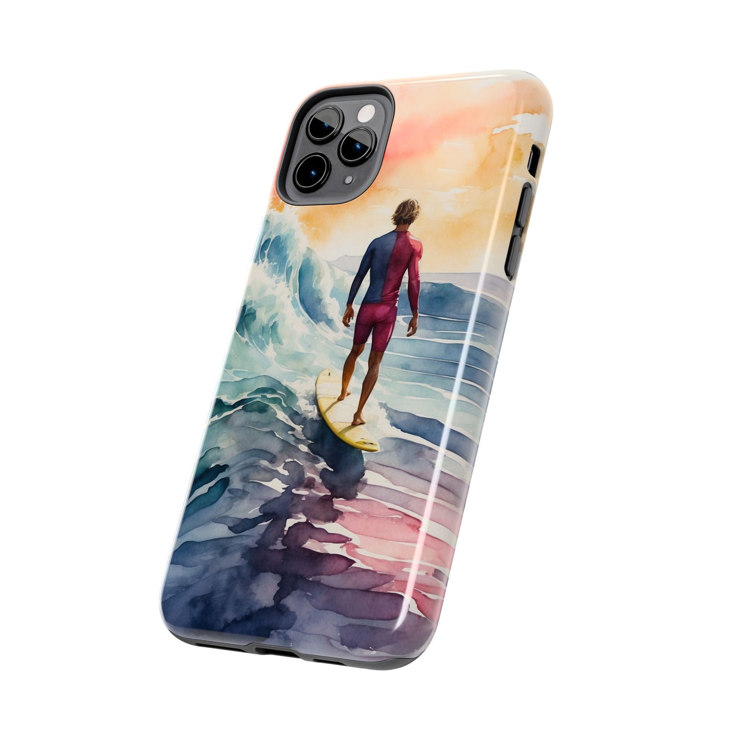 Surfer’s Sunset Wave iPhone Case – Vibrant Watercolor Design