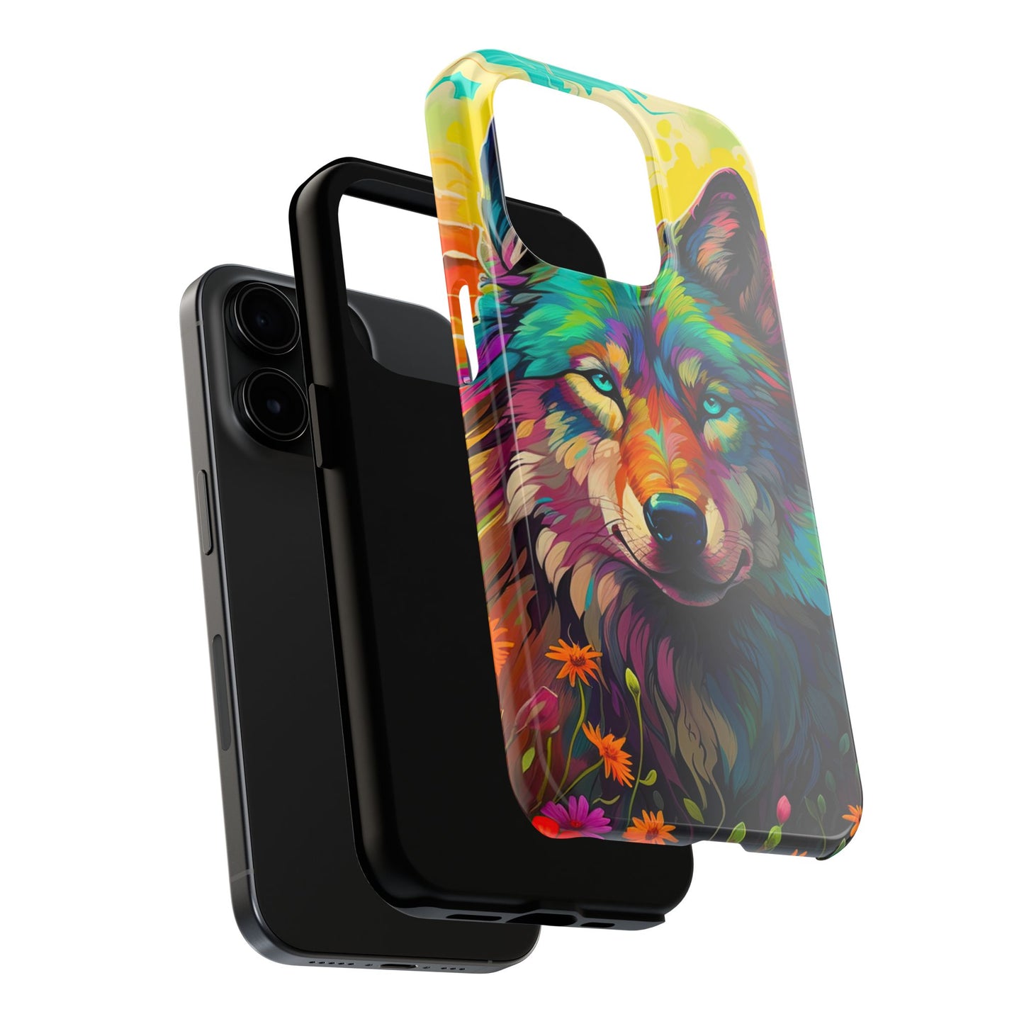 Rainbow Wolf in Bloom – iPhone Case with Vivid Nature Design