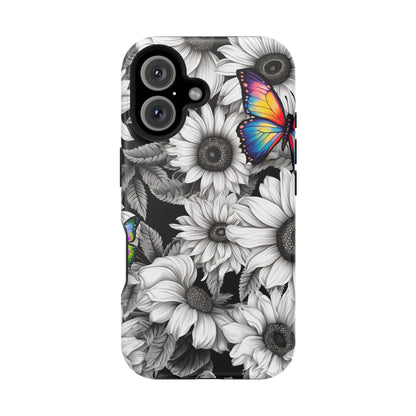 Rainbow Butterflies & Monochrome Sunflowers – MagSafe iPhone Case