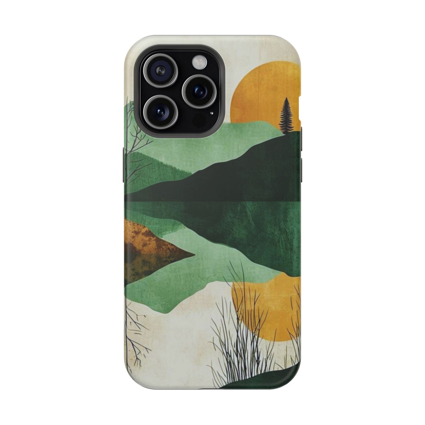 Retro Mountain Sunrise MagSafe iPhone Case – Minimalist Landscape Design, Dual-Layer Protection