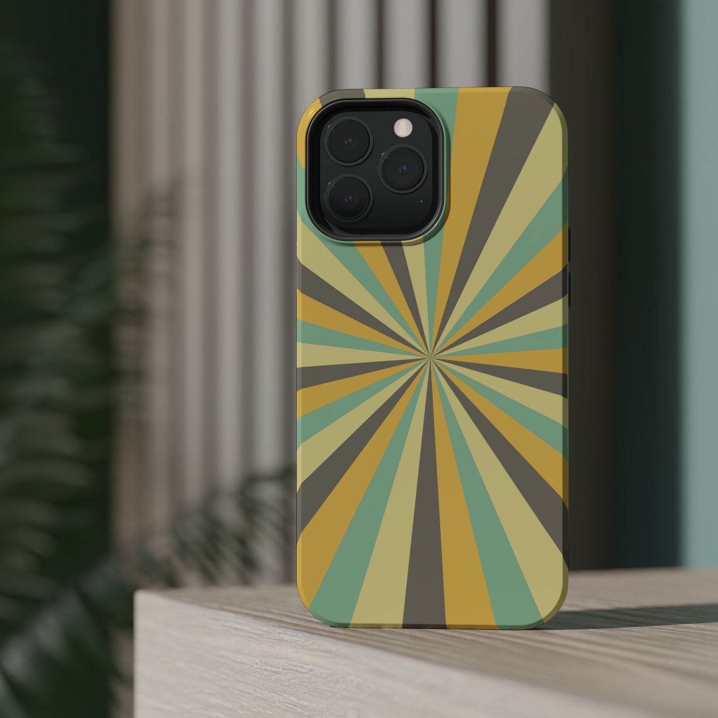 Vintage Sunburst Rays MagSafe iPhone Case – Bold 70s-Inspired Burst in Yellow, Mint, and Gray