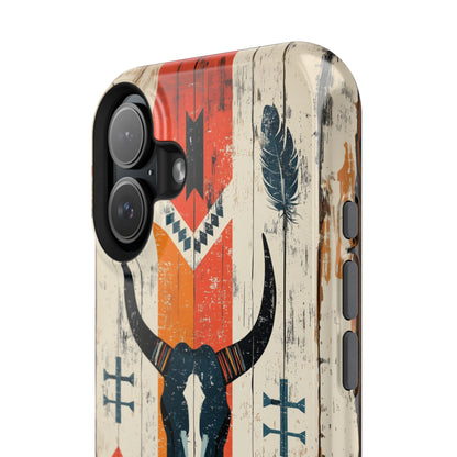 Rustic Western Bull Skull Tough MagSafe iPhone Case – Distressed Wood Design, Dual-Layer Protection