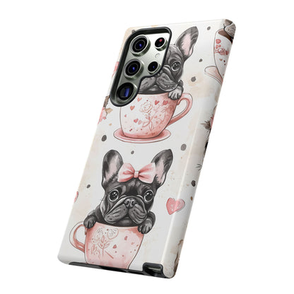 French Bulldogs in Teacups Samsung Galaxy Case – Cute Dog Design with Hearts & Bows, Shockproof & Slim