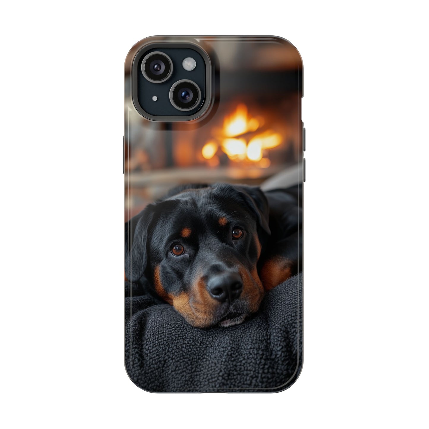 Charming Rottweiler by the Fireplace MagSafe iPhone Case – Cozy & Functional Design