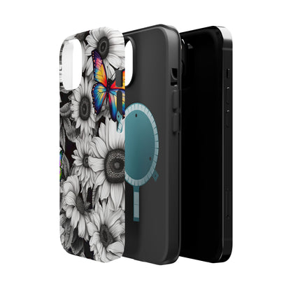 Rainbow Butterflies & Monochrome Sunflowers – MagSafe iPhone Case