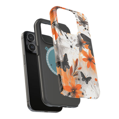 Orange Blossom & Black Butterfly MagSafe iPhone Case – Bold Floral Pattern with Modern Abstract Style