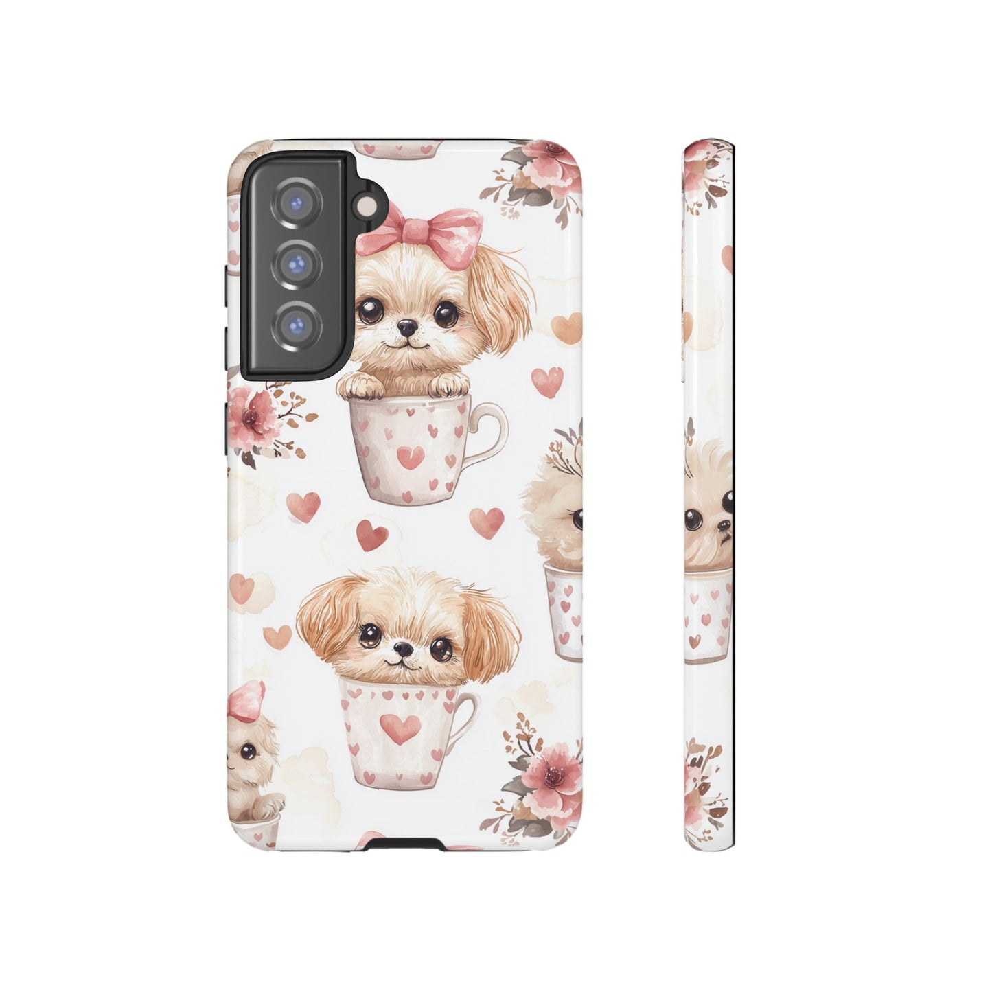 Cute Puppies in Heart Mugs Samsung Galaxy  Case – Adorable Dog & Floral Design, Shockproof & Slim