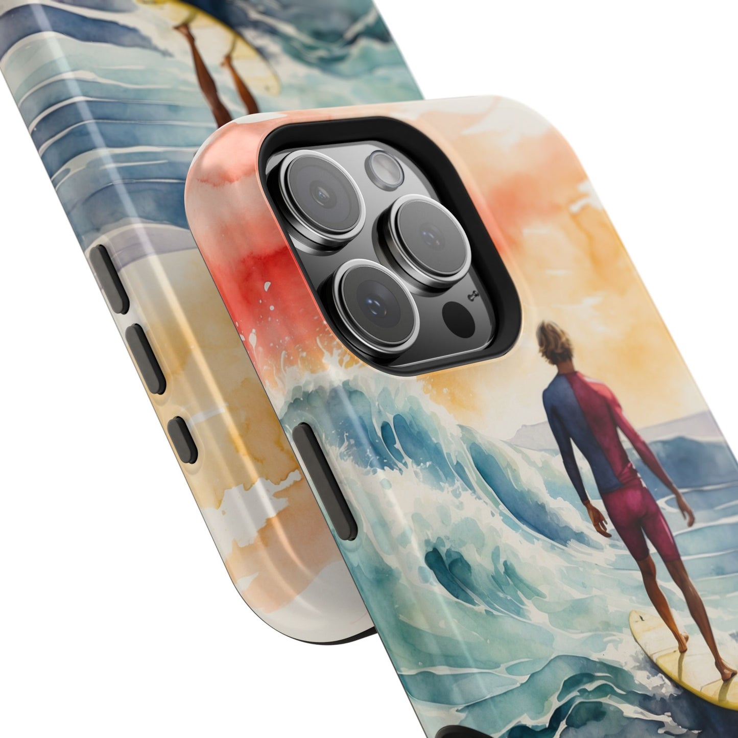 Surfer’s Sunset Wave MagSafe iPhone Case – Vibrant Watercolor Design