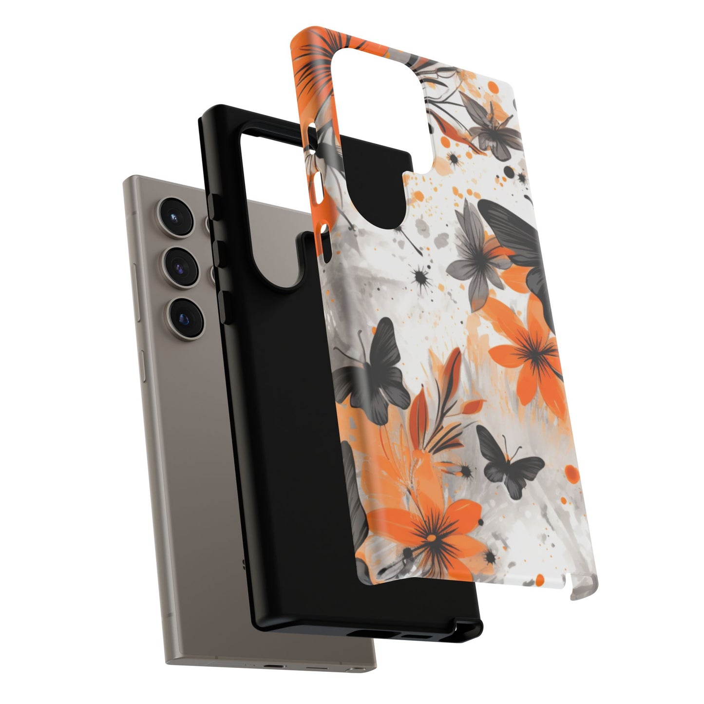 Orange Blossom & Black Butterfly Samsung Galaxy Case – Bold Floral Pattern with Modern Abstract Style